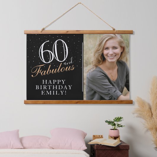 60 en Fabulous Elegant Black 60th Birthday Foto Hangend Wandkleed (Slaapkamer)
