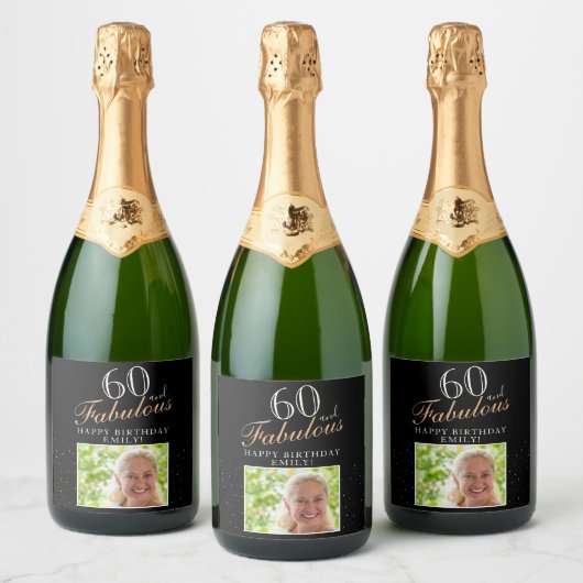 60 en Fabulous Elegant Black Photo 60th Birthday Sparkling Wijnetiket (Flessen)