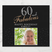 60 en Fabulous Elegant Black Photo 60th Birthday Sparkling Wijnetiket (Enkel label)