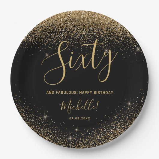 60 En Fabulous Elegant Zwart Goud Verjaardagsfeest Papieren Bordje (Voorkant)