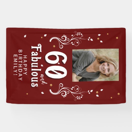60 en Fabulous Foliage Red 60th Birthday Foto Spandoek (Horizontaal)