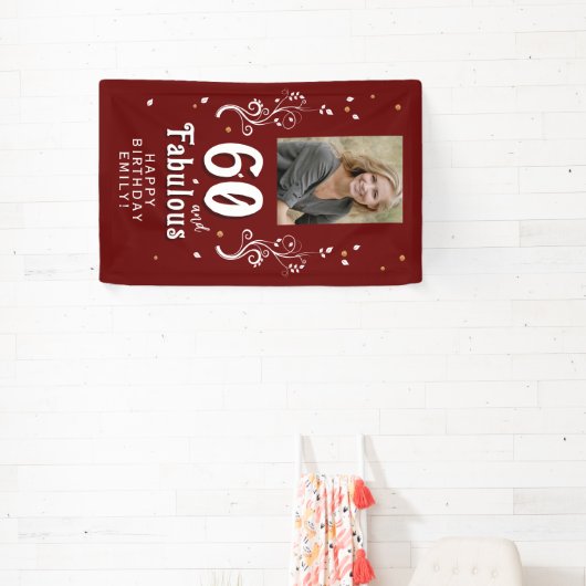 60 en Fabulous Foliage Red 60th Birthday Foto Spandoek (Insitu)