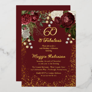 60 en Fabulous Glam Roze Bloemige Verjaardagsfeest Folie Uitnodiging