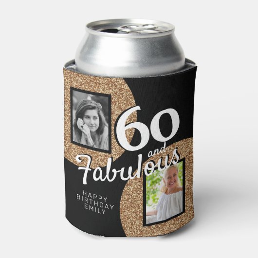 60 en Fabulous Gold Glitter 2 Foto 60e verjaardag Blikjeskoeler (Blikje Voorkant)