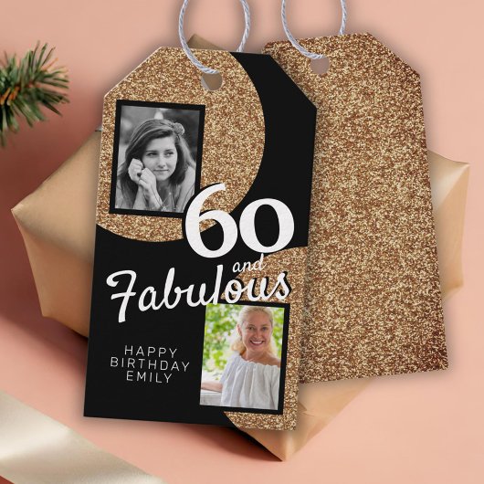 60 en Fabulous Gold Glitter 2 Foto 60e verjaardag Cadeaulabel