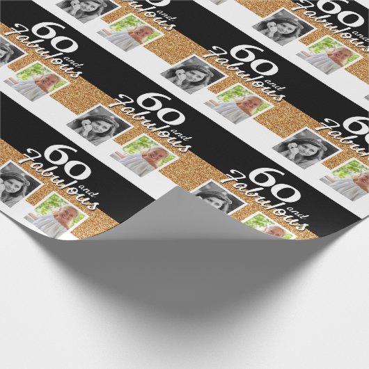 60 en Fabulous Gold Glitter 2 Foto 60e verjaardag Cadeaupapier (Hoek)
