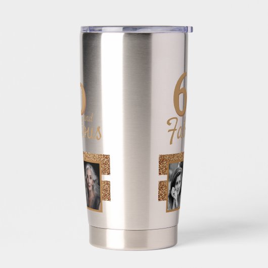 60 en Fabulous Gold Glitter 2 Foto 60e verjaardag Geïsoleerde Drinkbeker (Links)