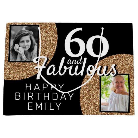 60 en Fabulous Gold Glitter 2 Foto 60e verjaardag Groot Cadeauzakje (Voorkant)