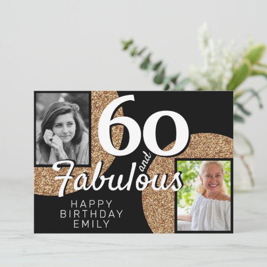 60 en Fabulous Gold Glitter 2 Foto 60e verjaardag Kaart (Staand voorkant)
