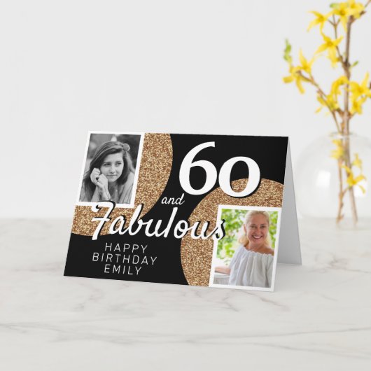 60 en Fabulous Gold Glitter 2 Foto 60e verjaardag Kaart (Gele Bloem)