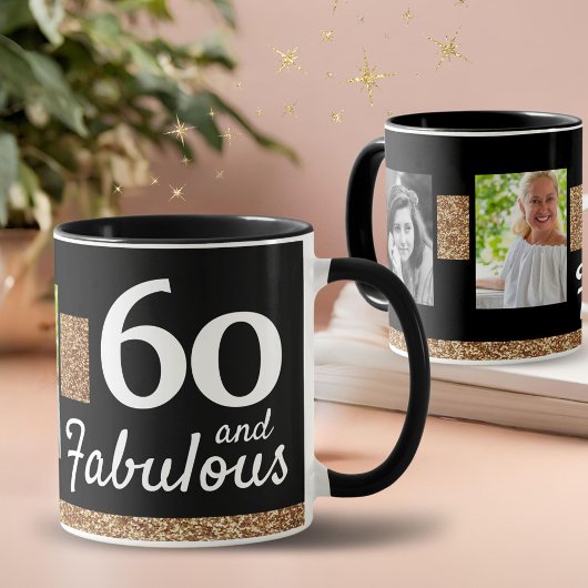 60 en Fabulous Gold Glitter 2 Foto 60e verjaardag Mok