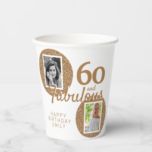 60 en Fabulous Gold Glitter 2 Foto 60e verjaardag Papieren Bekers (Voorkant)