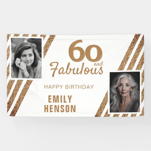 60 en Fabulous Gold Glitter 2 Foto 60e verjaardag Spandoek (Horizontaal)