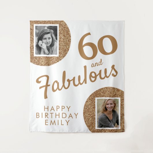 60 en Fabulous Gold Glitter 2 Foto 60e verjaardag Wandkleed (Voorkant)