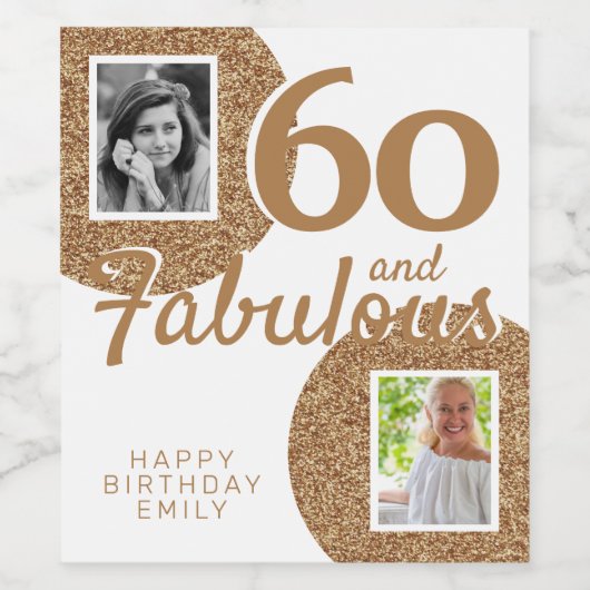 60 en Fabulous Gold Glitter 2 Foto 60e verjaardag Wijn Etiket (Enkel label)