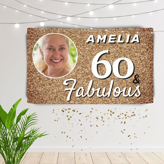 60 en Fabulous Gold Glitter 60th Birthday Foto Spandoek