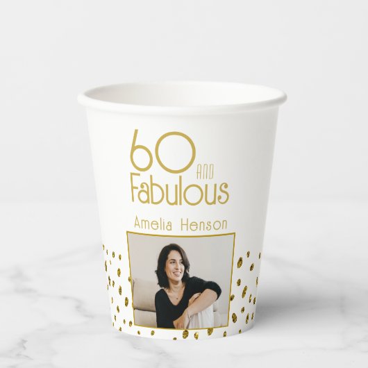60 en Fabulous Gold Glitter Photo 60th Birthday Papieren Bekers (Voorkant)