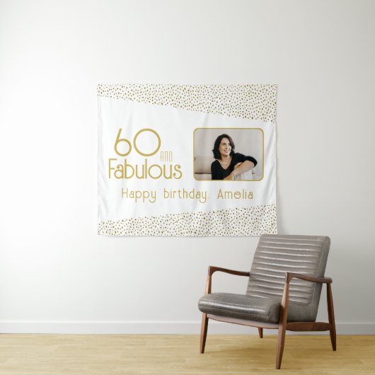 60 en Fabulous Gold Glitter Photo 60th Birthday Wandkleed (In Situ (horizontaal))