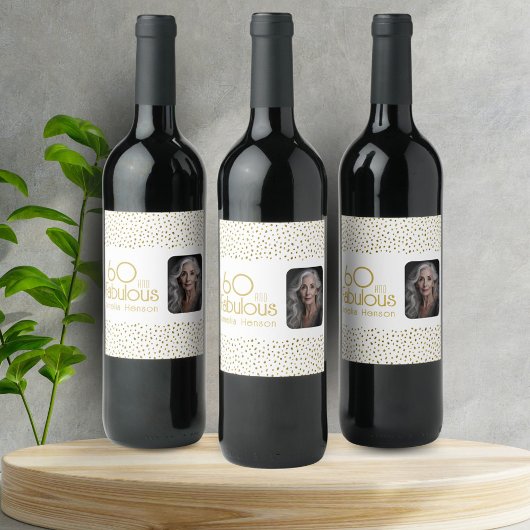 60 en Fabulous Gold Glitter Photo 60th Birthday Wijn Etiket