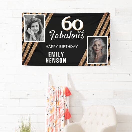 60 en Fabulous Gouden Glitter 2 Foto 60e Verjaarda Spandoek (Insitu)