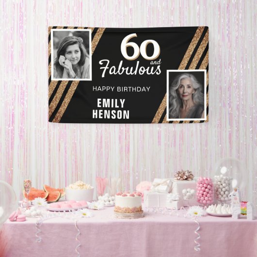 60 en Fabulous Gouden Glitter 2 Foto 60e Verjaarda Spandoek (Feest)