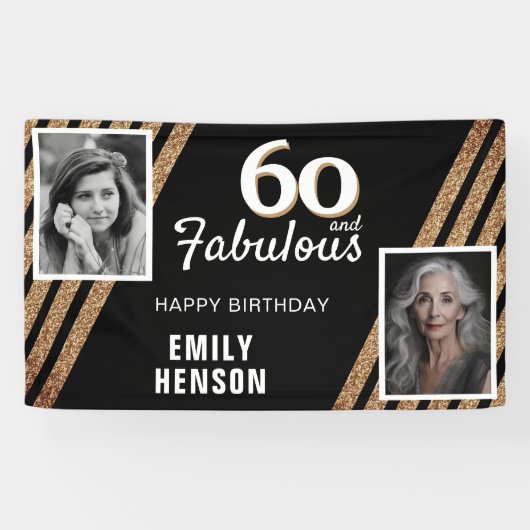 60 en Fabulous Gouden Glitter 2 Foto 60e Verjaarda Spandoek (Horizontaal)