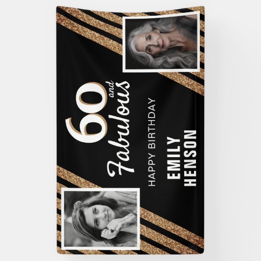 60 en Fabulous Gouden Glitter 2 Foto 60e Verjaarda Spandoek (Verticaal)