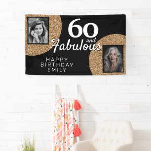 60 en Fabulous Gouden Glitter 2 Foto Verjaardag Spandoek
