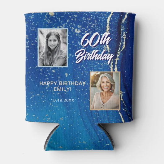 60 en Fabulous Marble Glitter 2 Foto Verjaardag Blikjeskoeler (Voorkant)