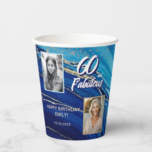 60 en Fabulous Marble Glitter 2 Foto Verjaardag Papieren Bekers (Voorkant)