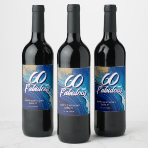 60 en Fabulous Marble Glitter verjaardag Wijn Etiket
