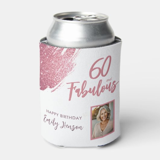 60 en Fabulous Pink Glitter Foto 60e verjaardag Blikjeskoeler (Blikje Voorkant)