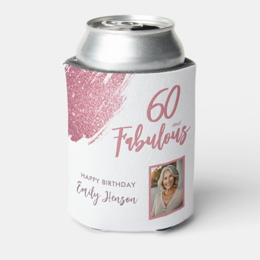 60 en Fabulous Pink Glitter Foto 60e verjaardag Blikjeskoeler (Blikje Achterkant)