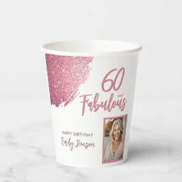 60 en Fabulous Pink Glitter Foto 60e verjaardag Papieren Bekers