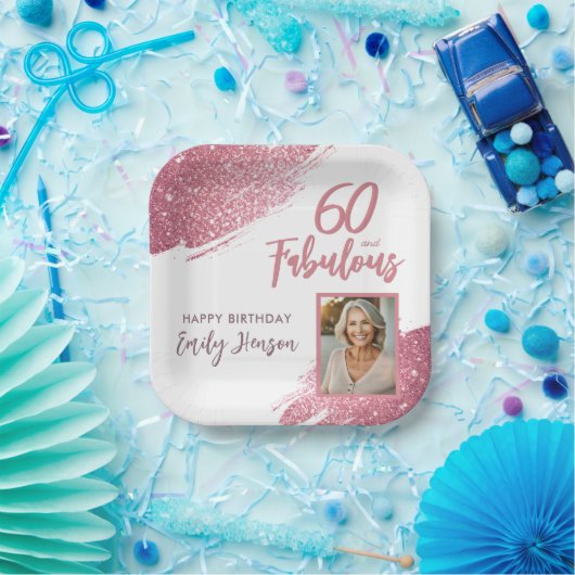 60 en Fabulous Pink Glitter Foto 60e verjaardag Papieren Bordje (Feest)