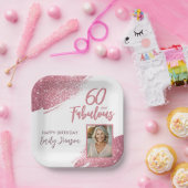 60 en Fabulous Pink Glitter Foto 60e verjaardag Papieren Bordje (Feest)