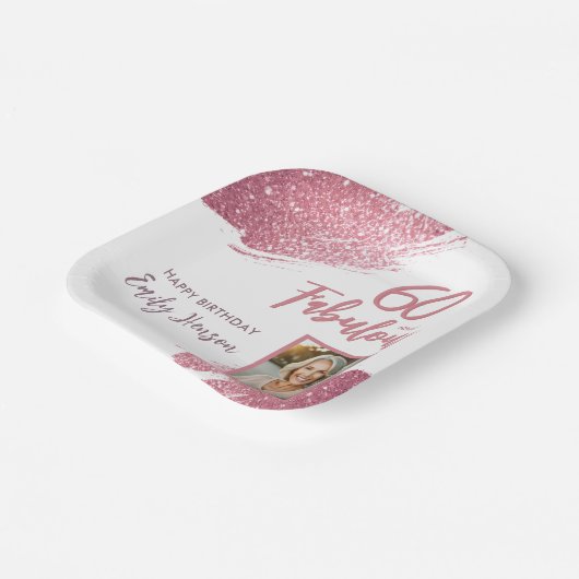 60 en Fabulous Pink Glitter Foto 60e verjaardag Papieren Bordje (Gebogen)