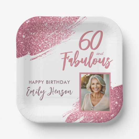 60 en Fabulous Pink Glitter Foto 60e verjaardag Papieren Bordje (Voorkant)
