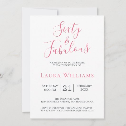 60 en Fabulous Roze Witte 60ste Verjaardagsfeestje Kaart (Voorkant)