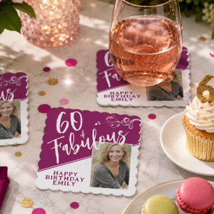 60 en Fabulous Script Foto Magenta 60ste Verjaarda Kartonnen Onderzetters