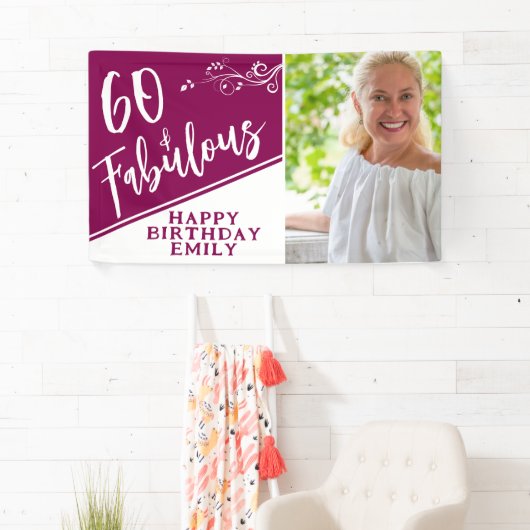 60 en Fabulous Script Foto Magenta 60ste verjaarda Spandoek (Insitu)