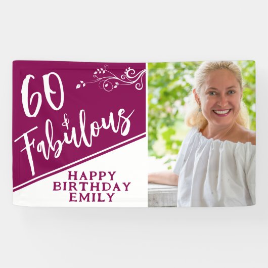 60 en Fabulous Script Foto Magenta 60ste verjaarda Spandoek (Horizontaal)