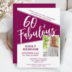 60 en Fabulous Script Magenta Foto 60th Birthday Kaart