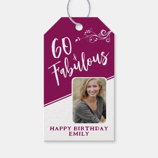 60 en Fabulous Script Photo Magenta 60th Birthday Cadeaulabel (Voorkant)