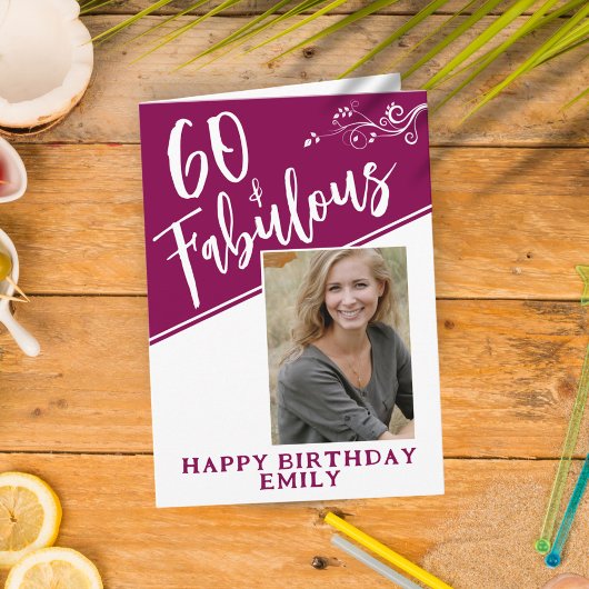 60 en Fabulous Script Photo Magenta 60th Birthday Kaart