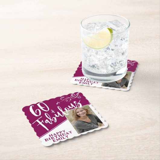 60 en Fabulous Script Photo Magenta 60th Birthday Kartonnen Onderzetters (Insitu)