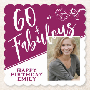 60 en Fabulous Script Photo Magenta 60th Birthday Kartonnen Onderzetters