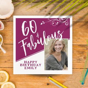 60 en Fabulous Script Photo Magenta 60th Birthday Servet