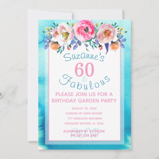 60. en Fabulous Sixtieth Birthday Party Kaart (Voorkant)