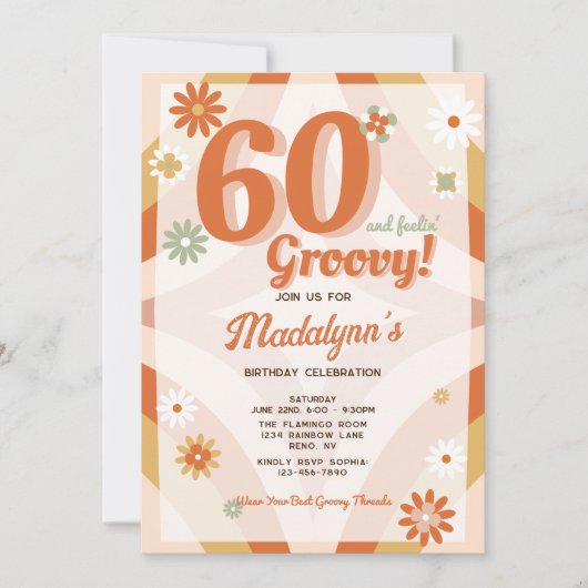 60 en Feelin Groovy Retro verjaardagsuitnodiging Kaart (Voorkant)